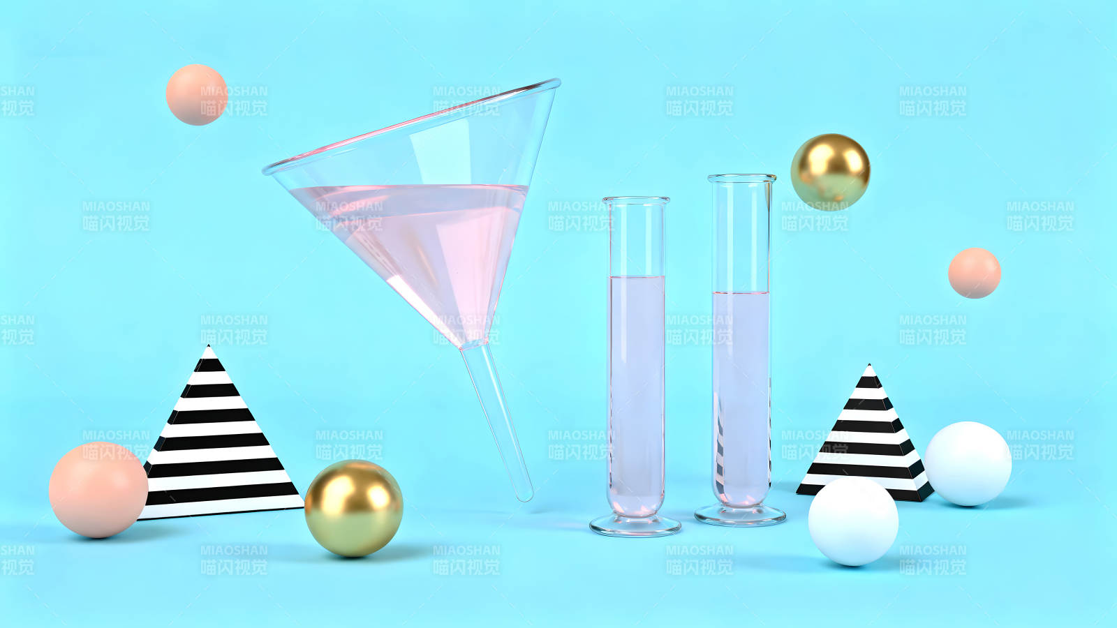 化学实验场景设计粉色液体与几何体-图片