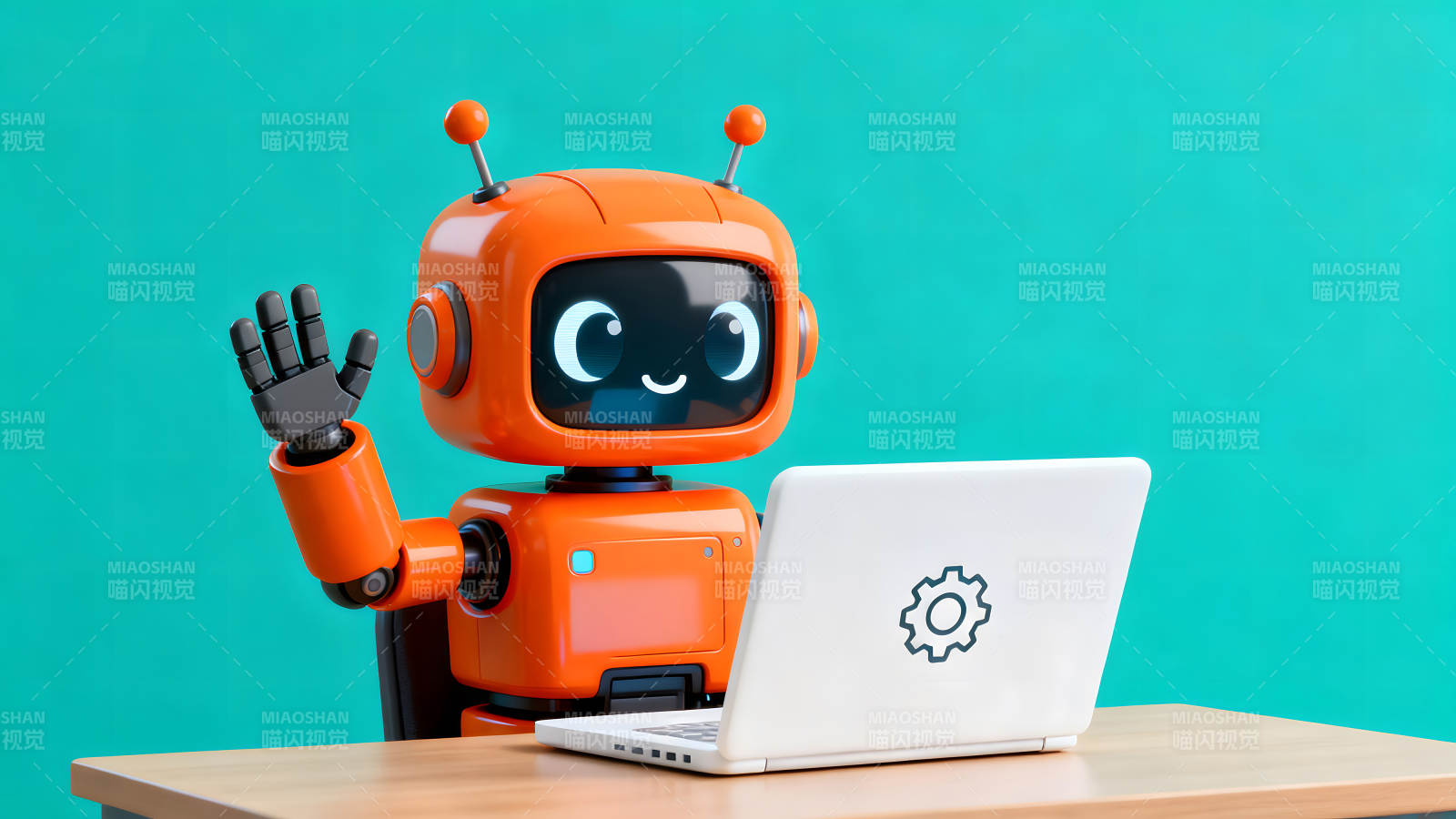 机器人使用电脑挥手示意图片