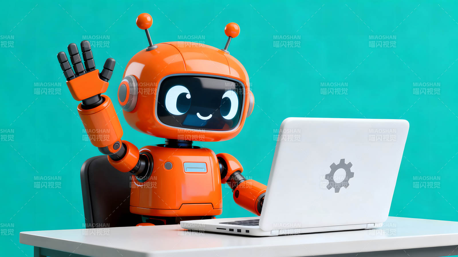 可愛機器人使用筆記本電腦工作圖片