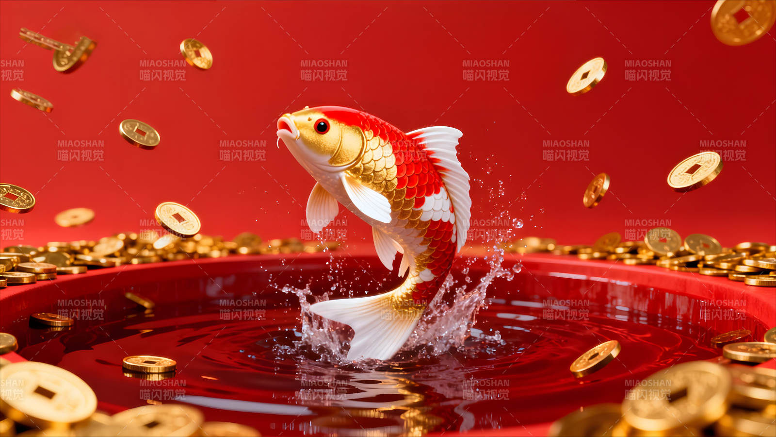 鲤鱼跃出水面硬币飞舞红背景-图片