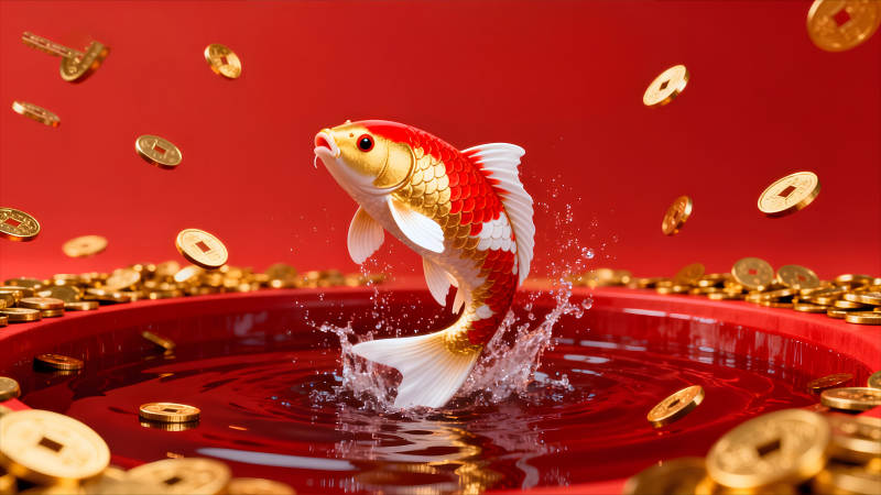 鯉魚躍出水面硬幣飛舞紅背景-圖片