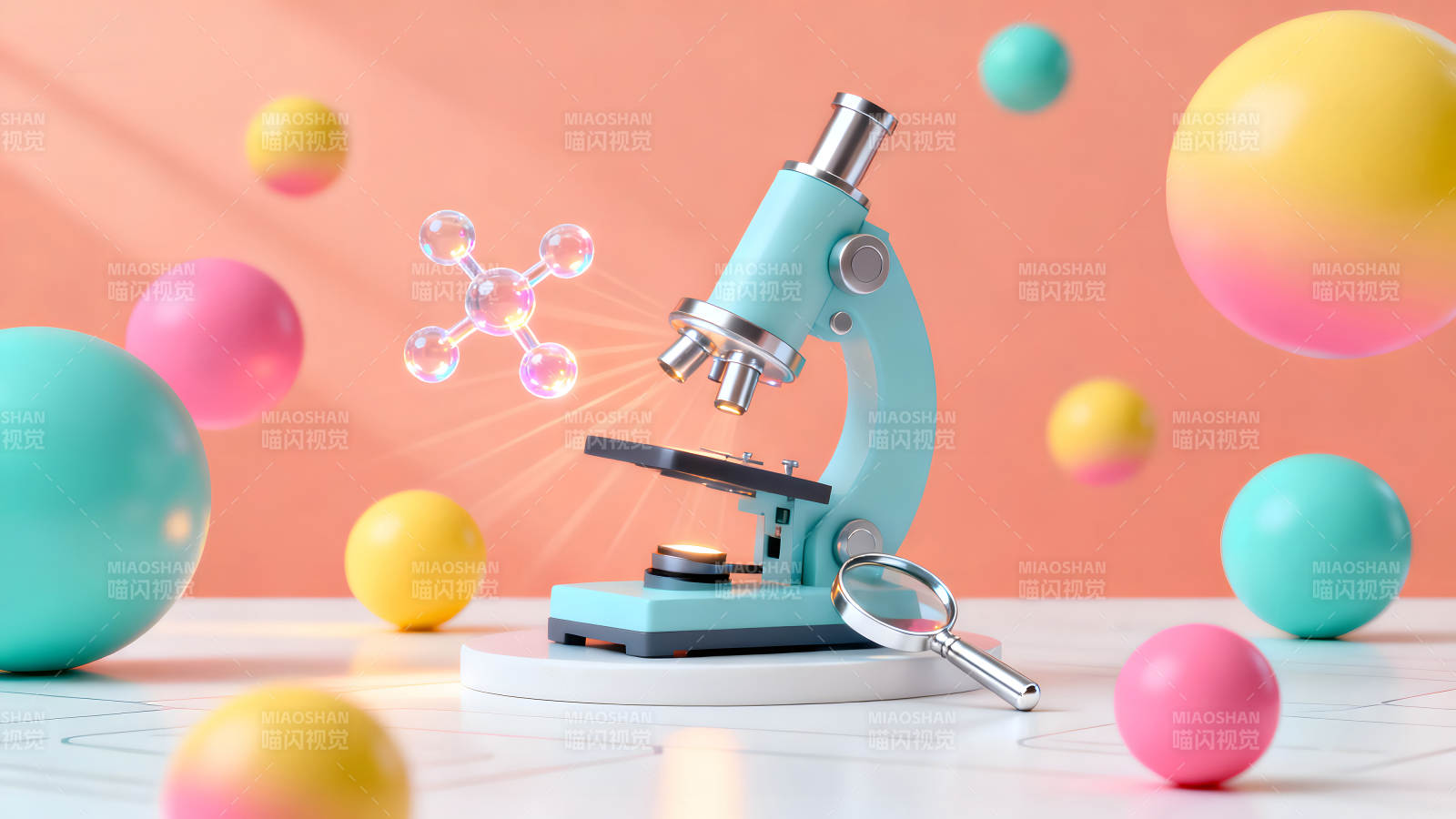 卡通显微镜与彩色球体的科学图像-图片