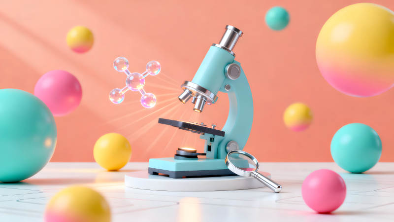 卡通显微镜与彩色球体的科学图像-图片