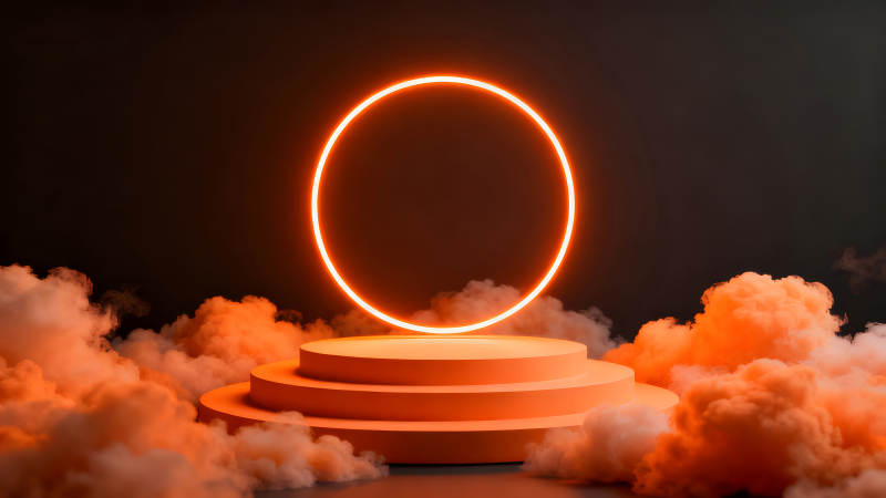 橙色光环舞台与云雾缭绕场景图片