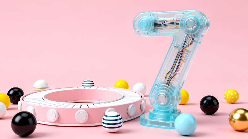 粉色背景下机械手臂与球体组合-图片