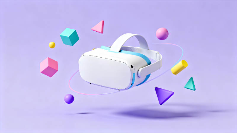 VR设备与几何图形悬浮于紫色背景上-图片