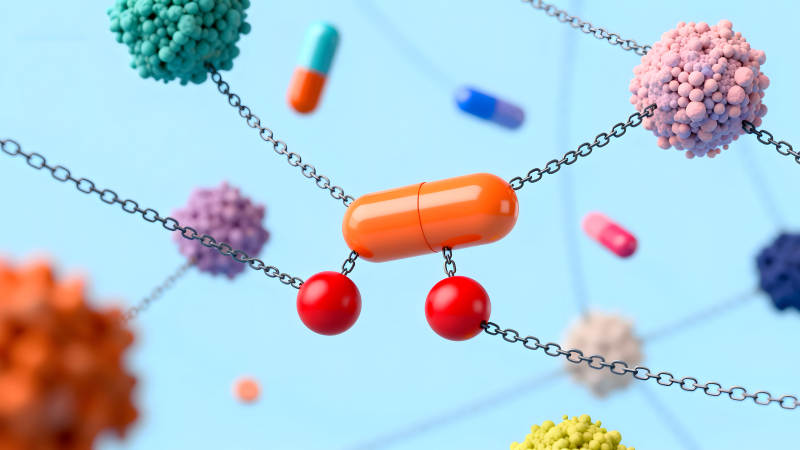 药物分子连接细胞的科幻图像-图片