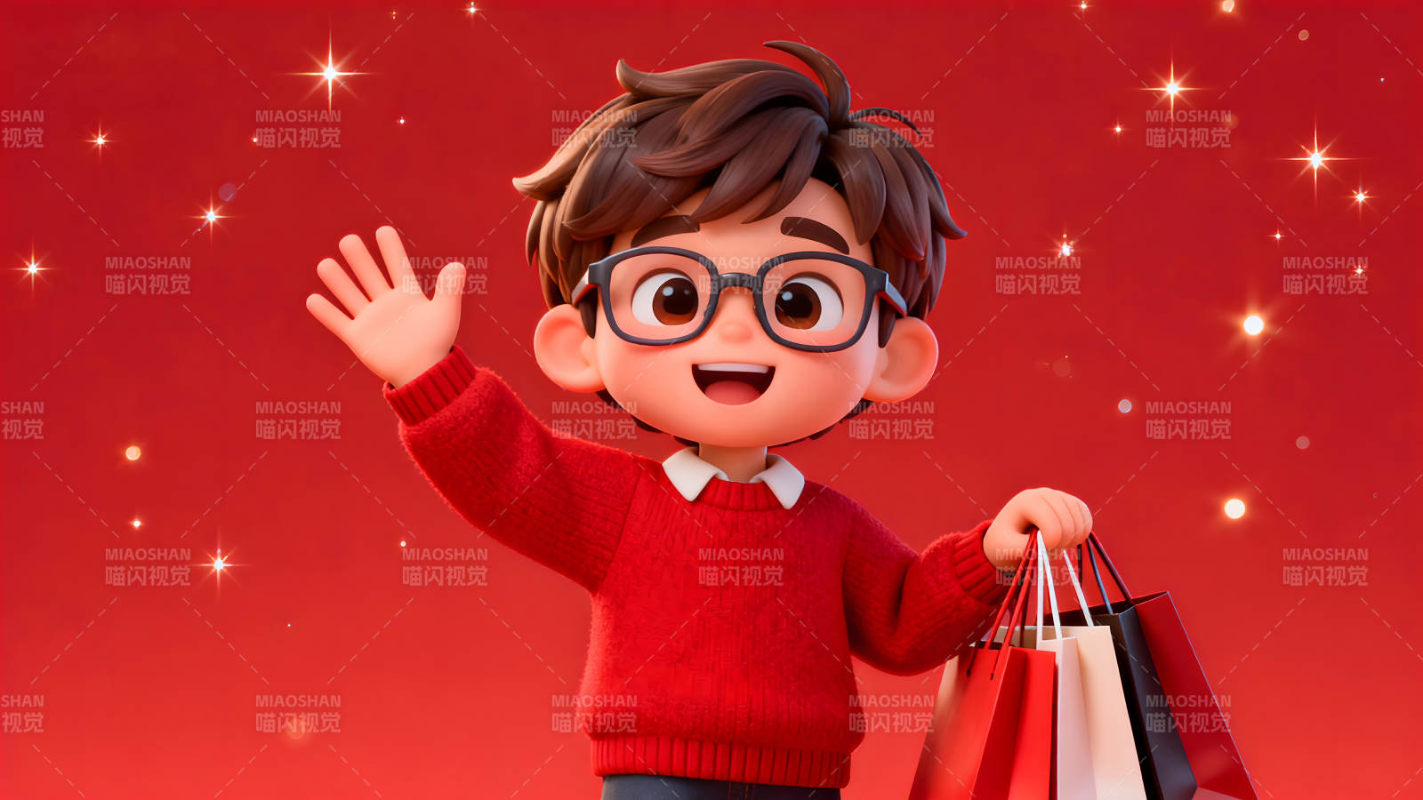 卡通男孩购物挥手背景红色节日图片