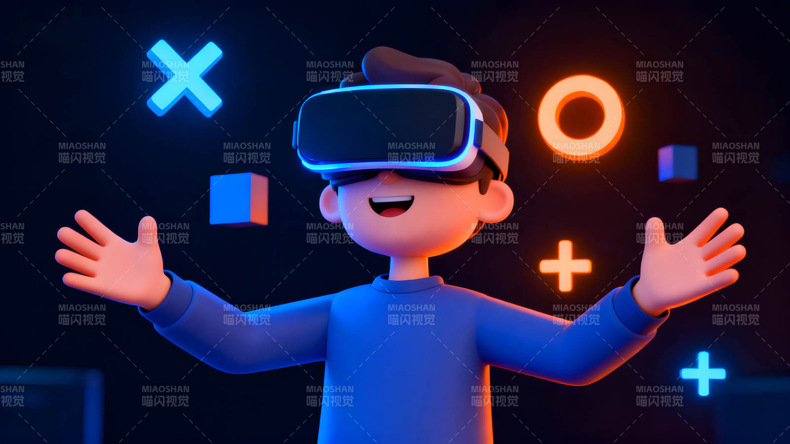 男孩戴VR眼镜虚拟现实画面图片