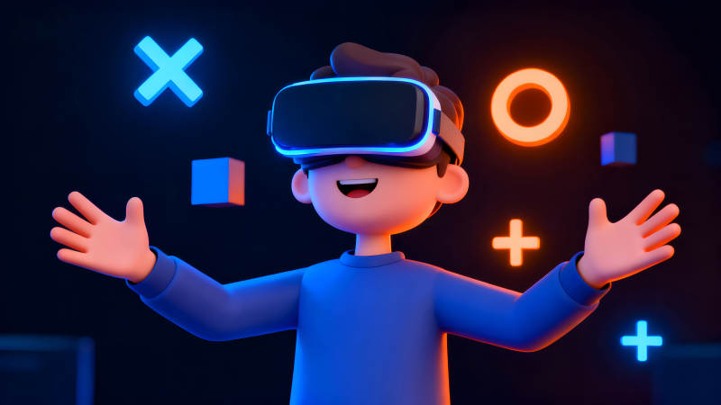 男孩戴VR眼镜虚拟现实画面-图片