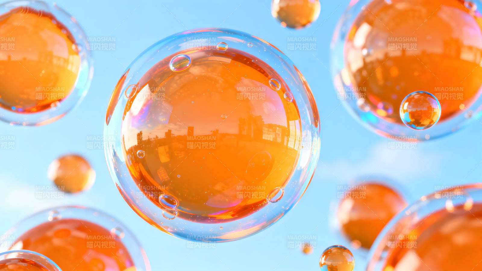 橙色氣泡漂浮在藍天中-圖片
