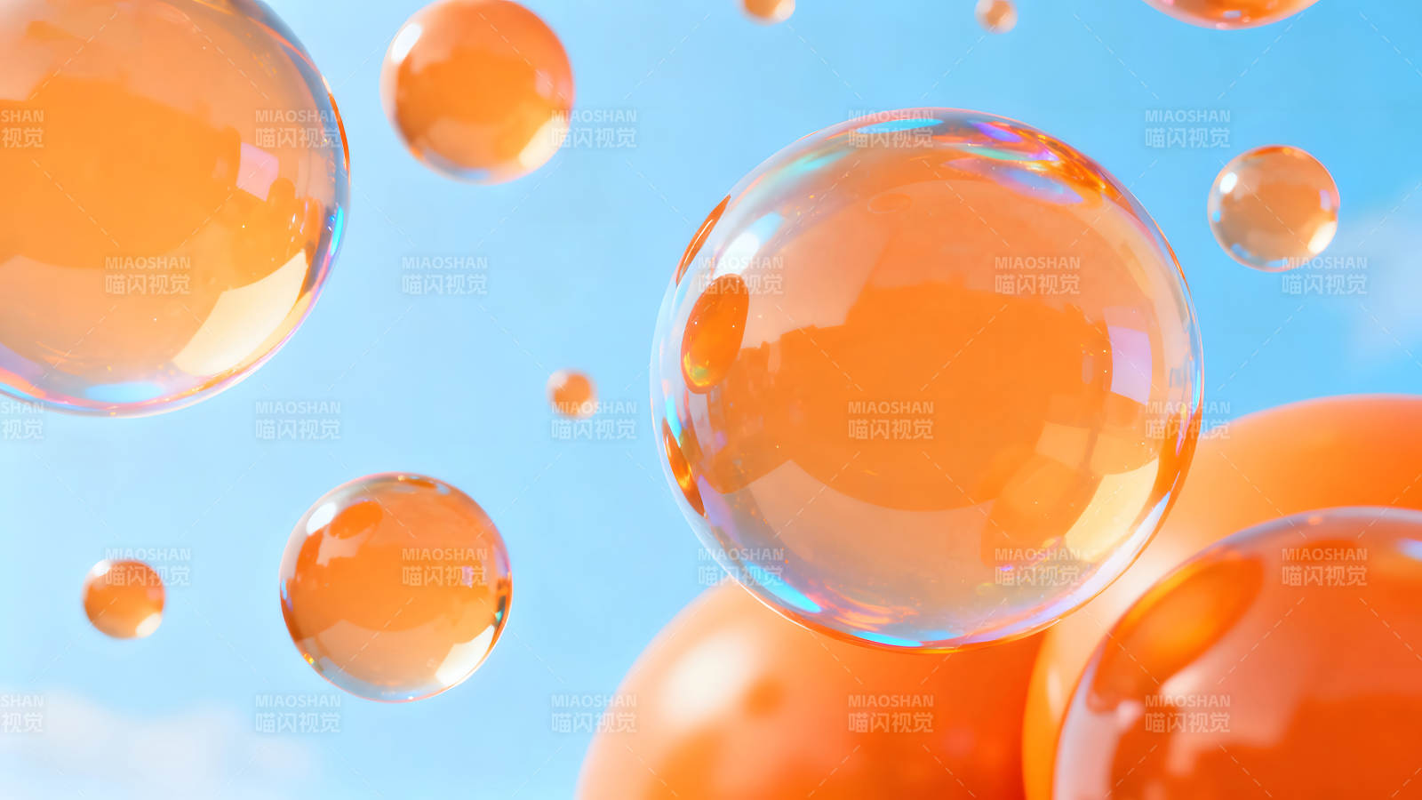 悬浮橙色气泡特写图片