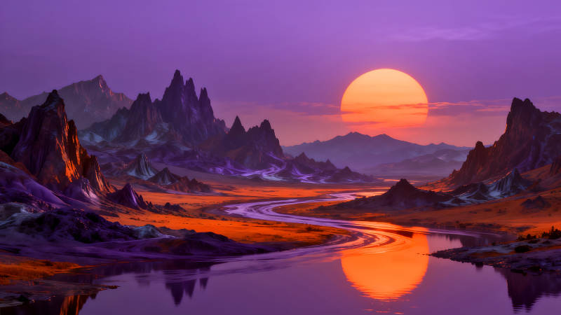 落日余暉下的奇幻山河-圖片