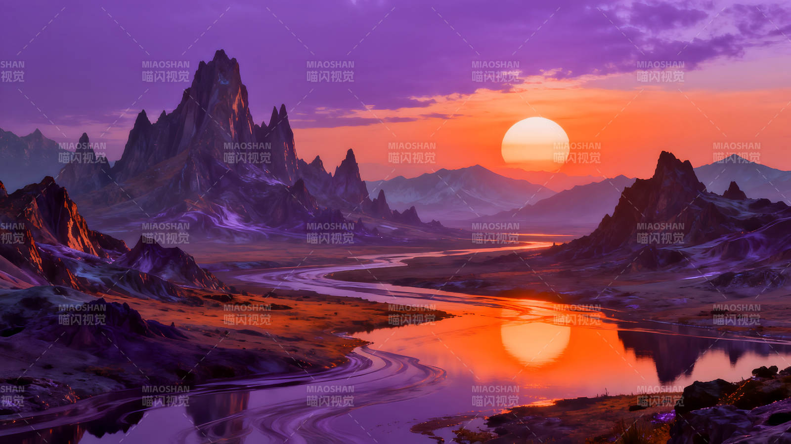 夕陽下的奇幻山河美景倒影絢麗-圖片