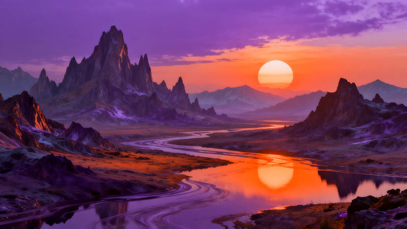 夕陽下的奇幻山河美景倒影絢麗-圖片