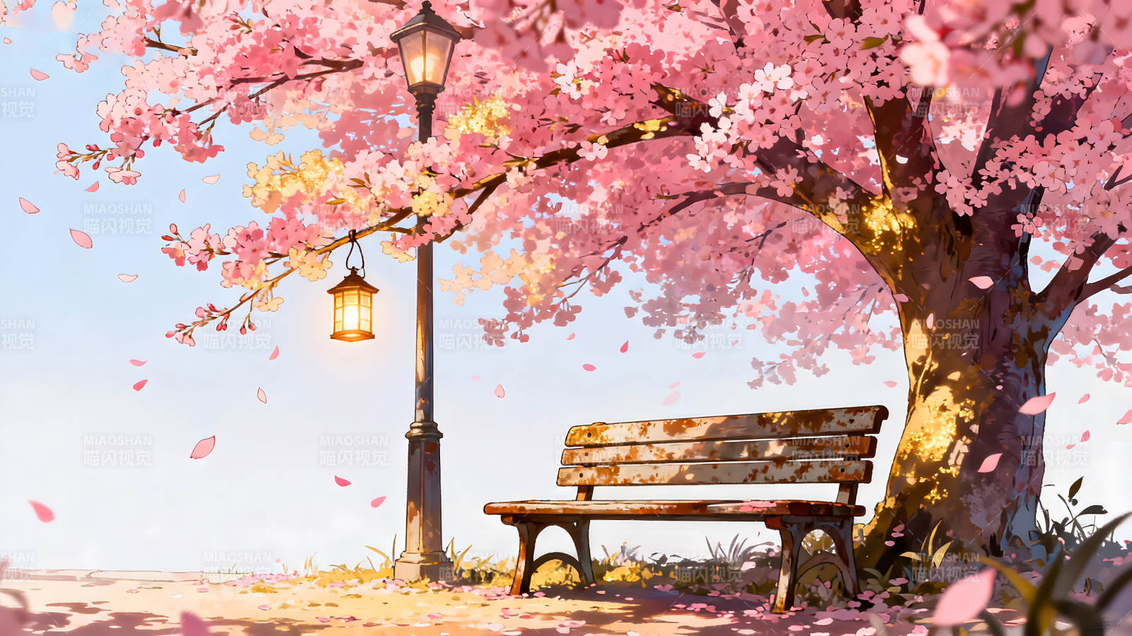 樱花树下长椅与灯光的美景-图片