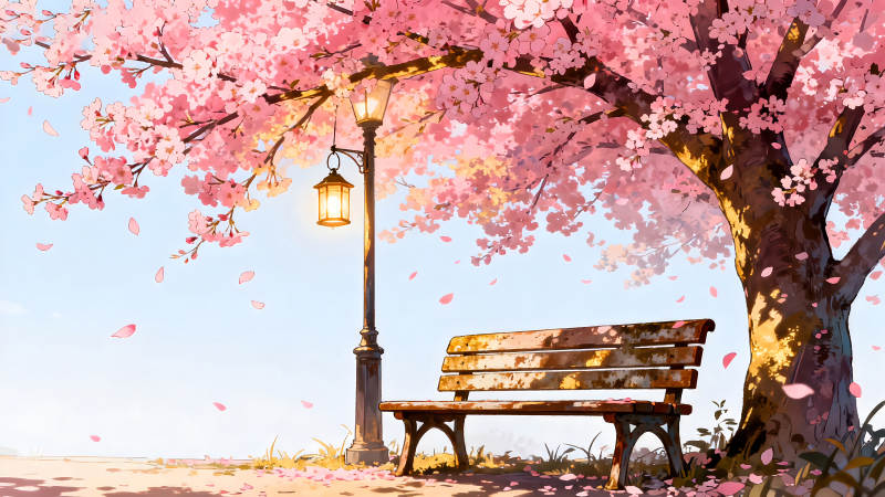 櫻花樹下的長椅和路燈-圖片
