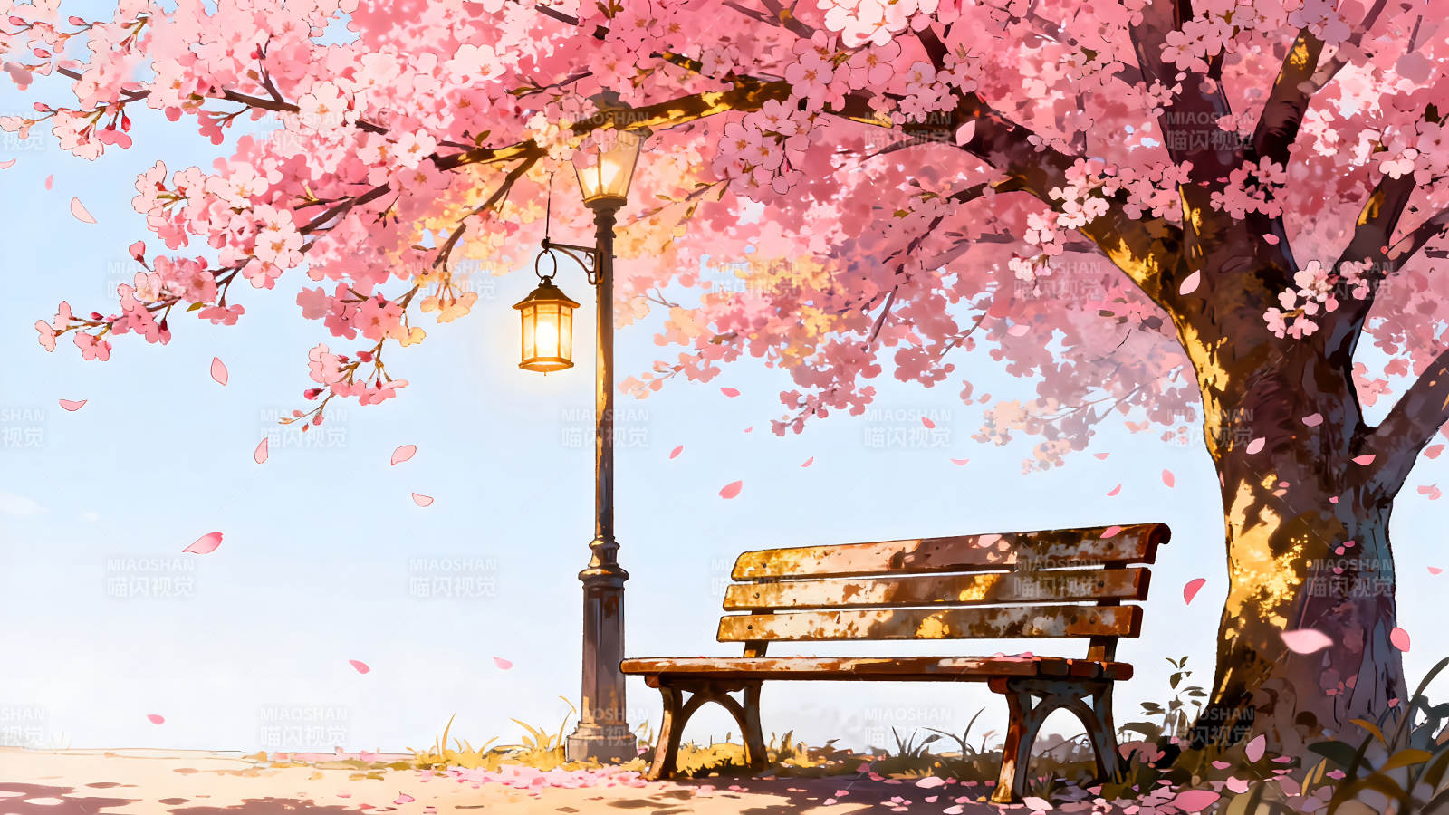 櫻花樹下的長(zhǎng)椅和路燈-圖片
