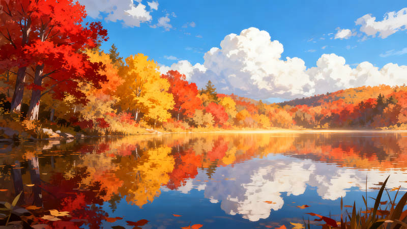 秋日湖光山色美景如畫-圖片