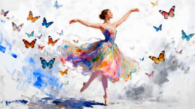 芭蕾舞者與蝴蝶飛舞的繪畫-圖片