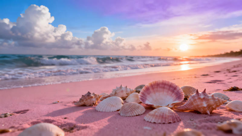 粉色沙灘貝殼夕陽美景-圖片
