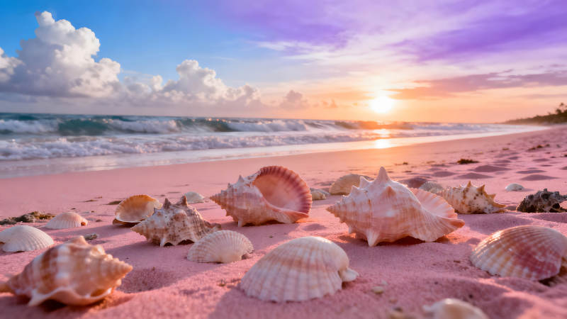 粉色沙灘貝殼日落美景-圖片