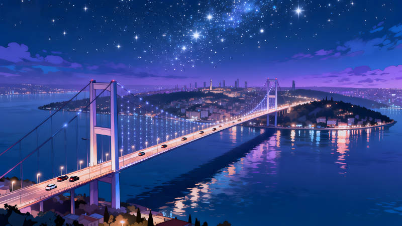 夜晚星空下的美麗大橋車流-圖片