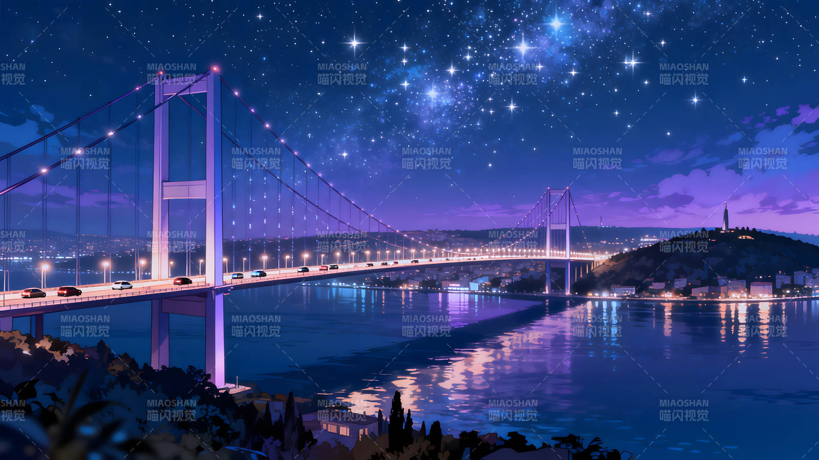 夜幕下的桥梁与星空图片