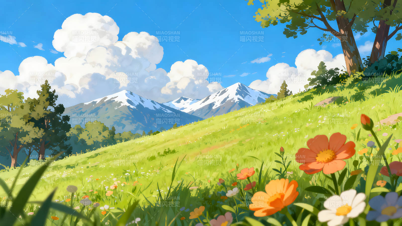 山坡花海蓝天白云下的美丽风景-图片