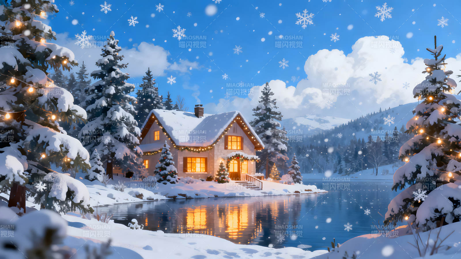 溫馨冬日小屋雪景環繞光影交織-圖片