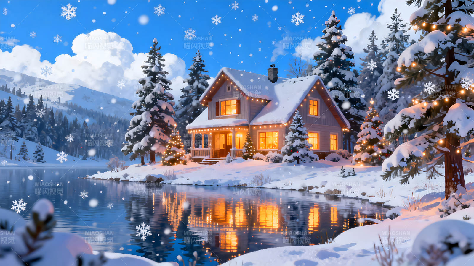 冬季小屋雪景湖泊燈光點綴-圖片