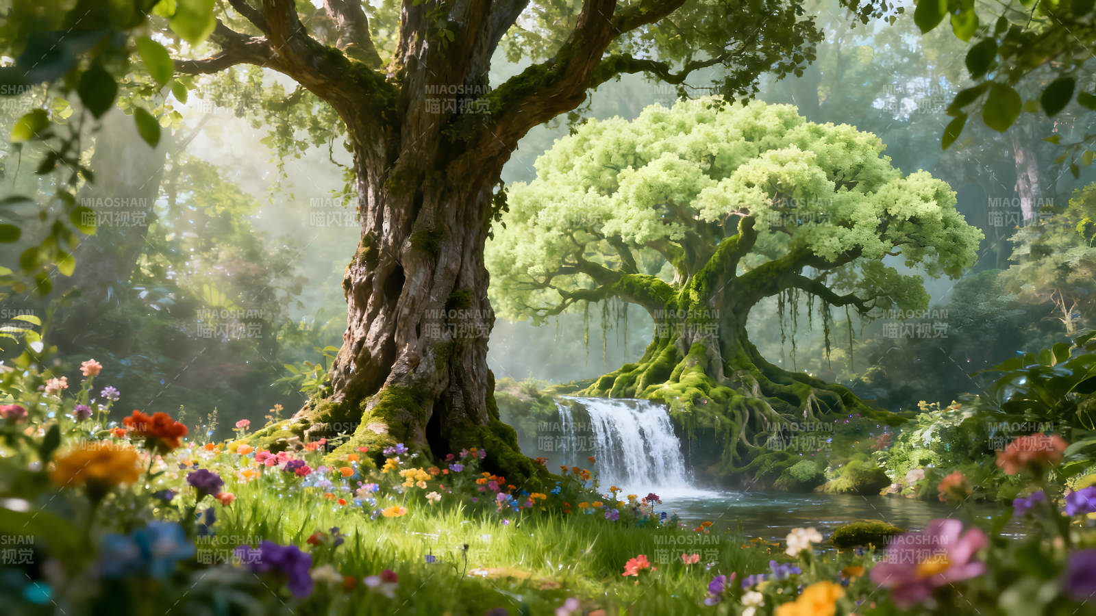夢幻森林瀑布與鮮花盛開的場景圖片