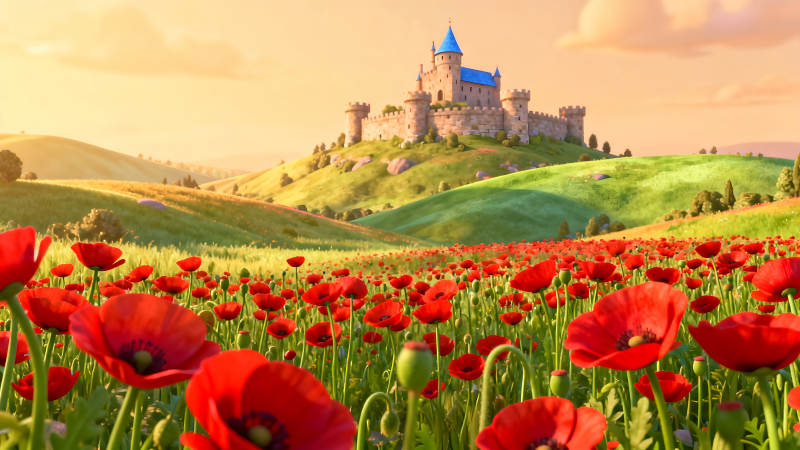 城堡花海田园风光唯美画面-图片