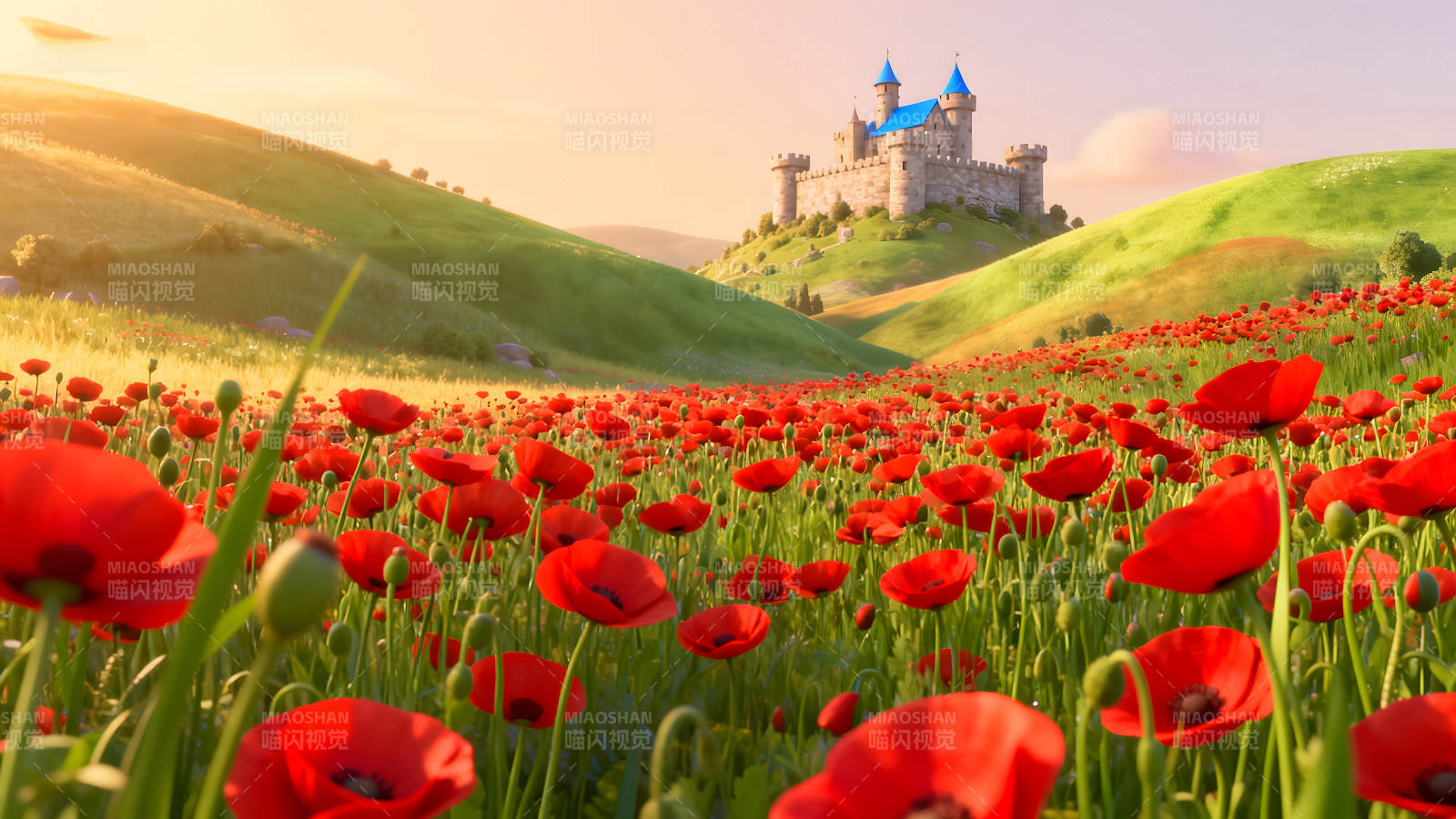 城堡与罂粟花田的田园风光-图片