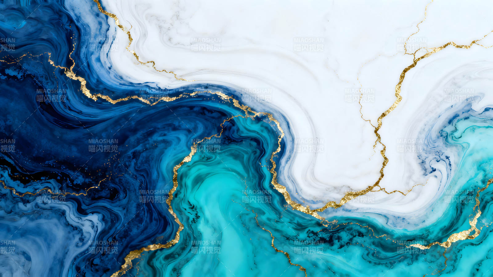 藍色與金色的抽象水墨畫-圖片