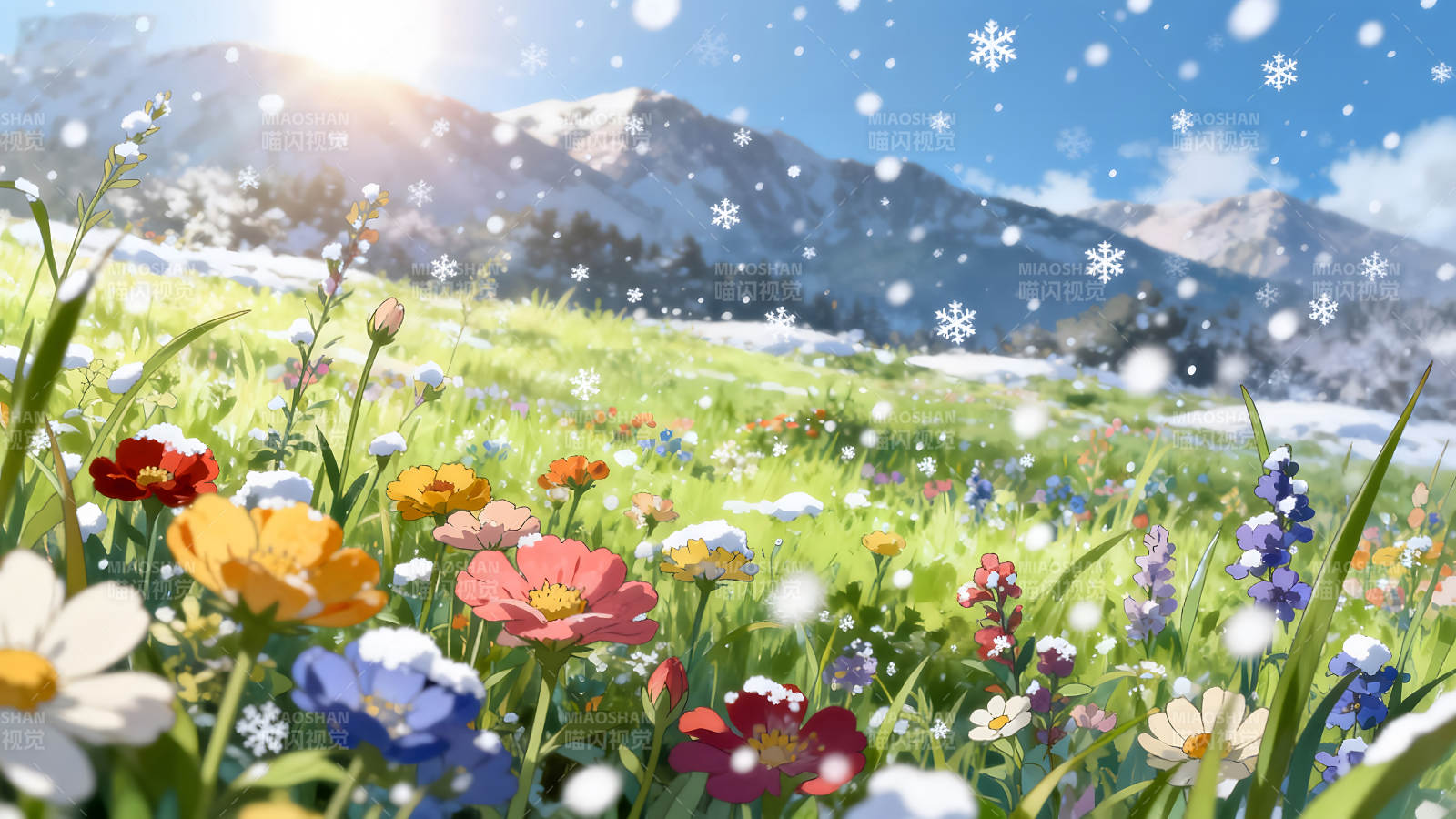 雪花飘落的花海与山景-图片