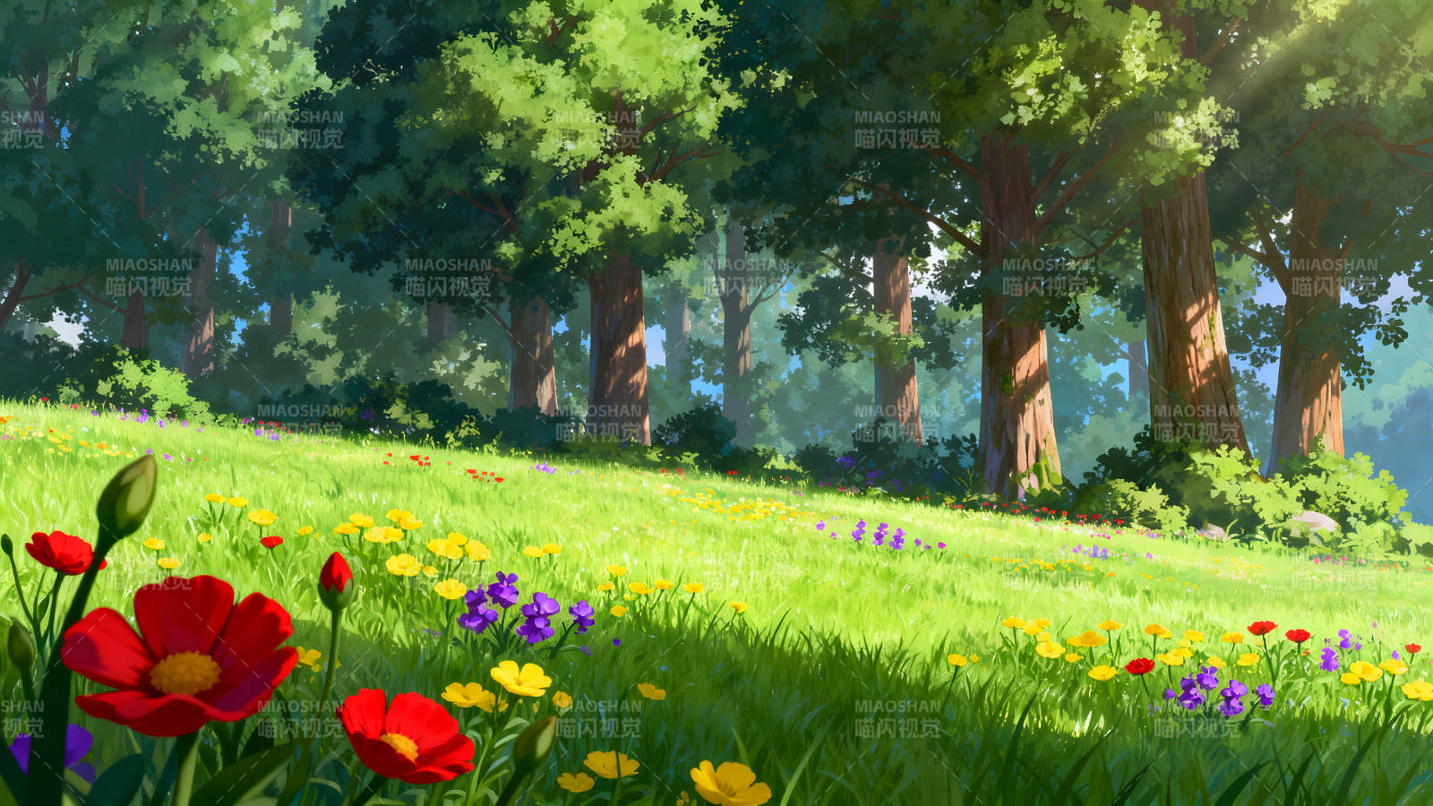 葱郁森林与繁花绿草的美丽画卷-图片