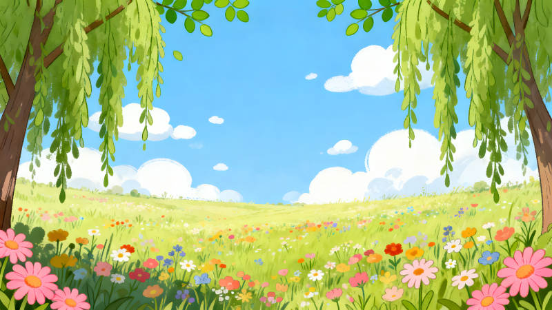 田园风光树木青草阳光明媚鲜花盛开图片