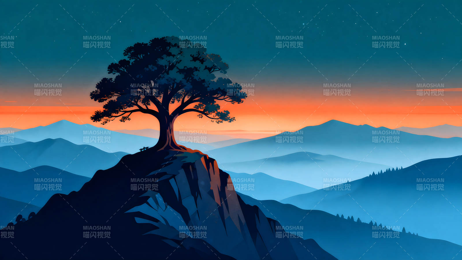 山頂上的樹晚霞籠罩-圖片