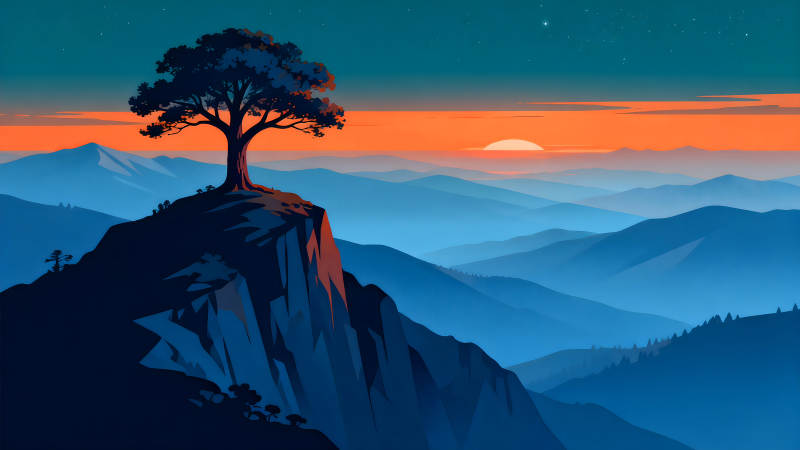 夕陽樹影山巒風光-圖片