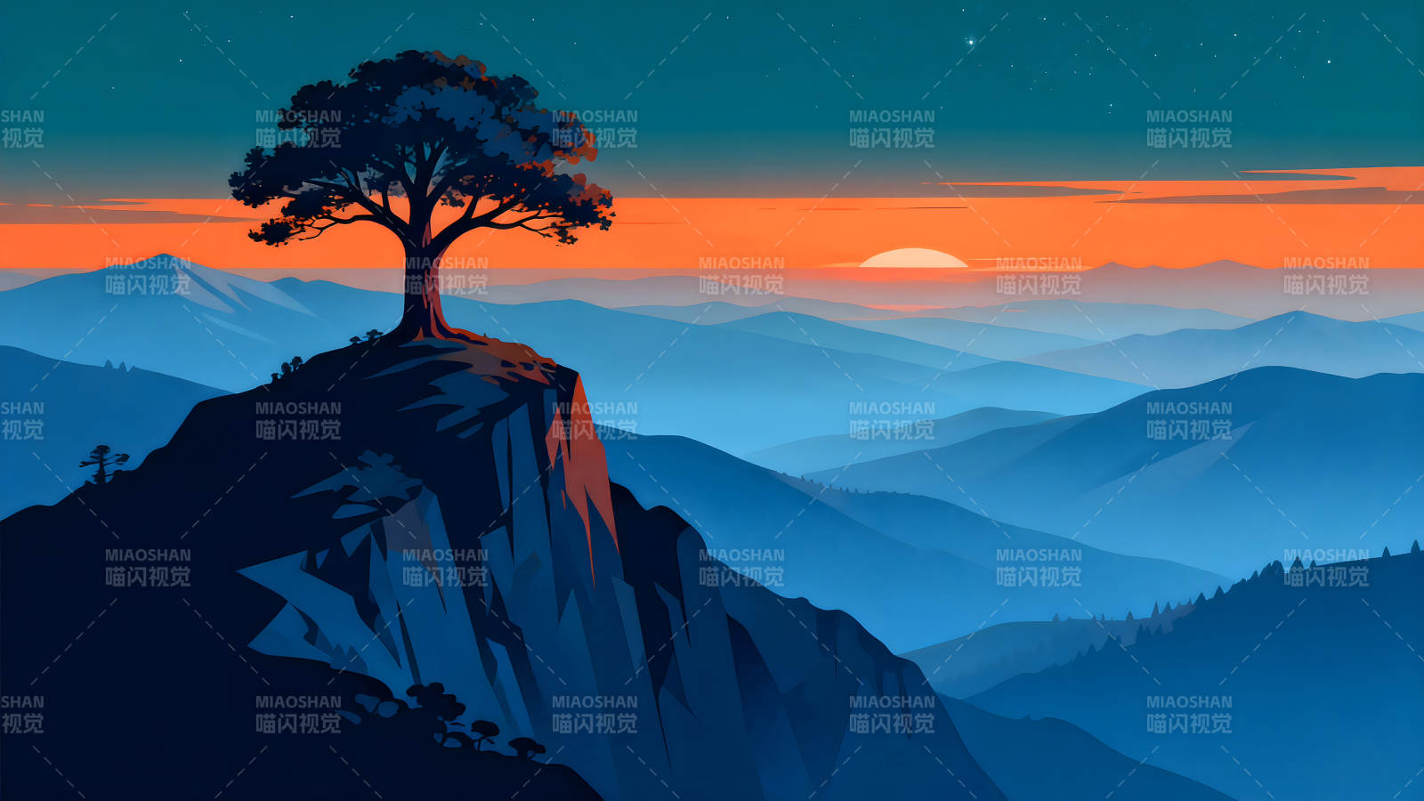 夕陽樹影山巒風(fēng)光-圖片