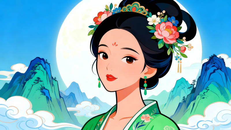 古風美女賞月圖-圖片