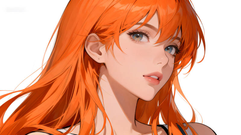 橙發少女肖像畫眼神溫柔表情生動-圖片