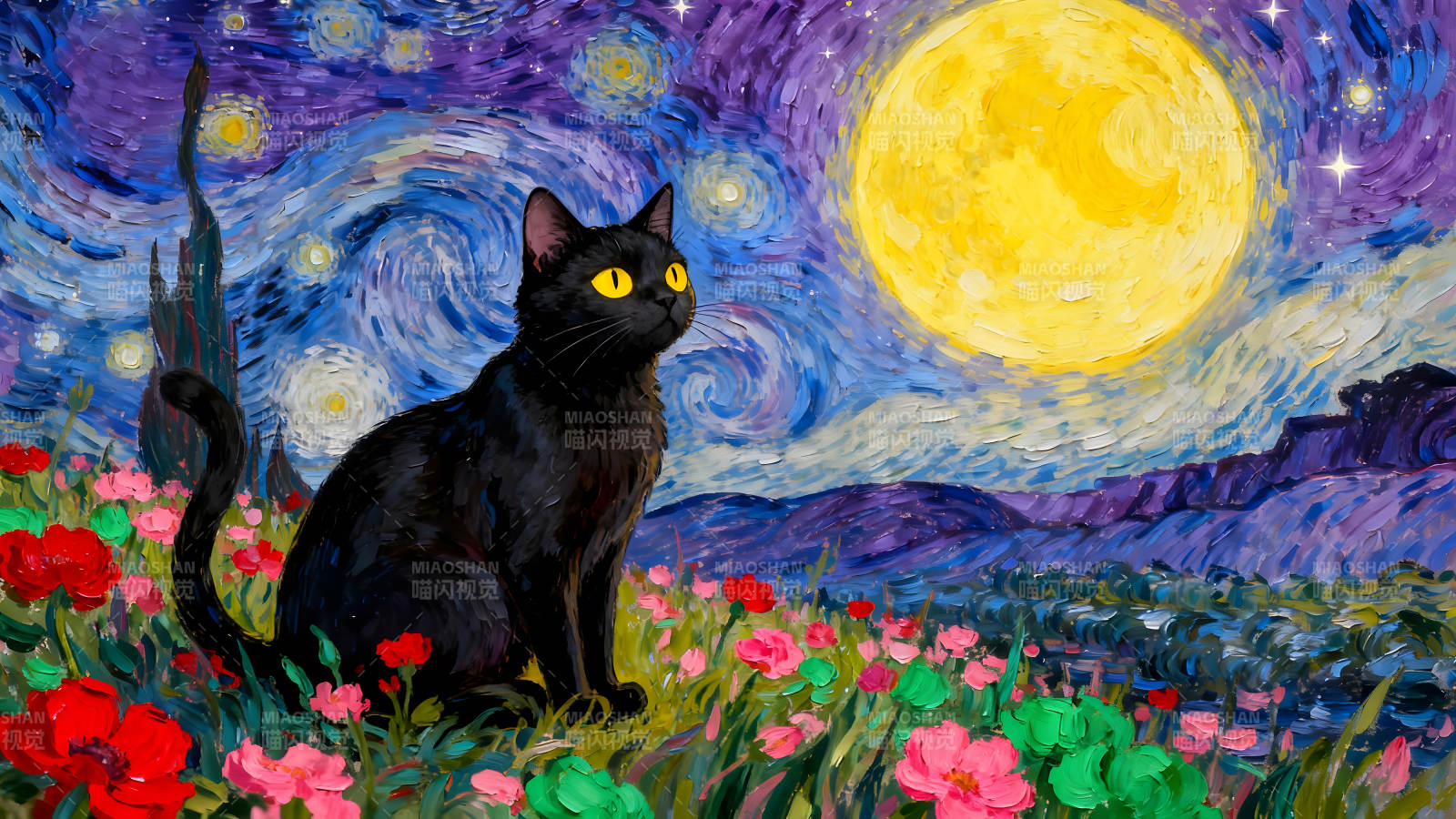 猫咪凝视夜空下的星空-图片