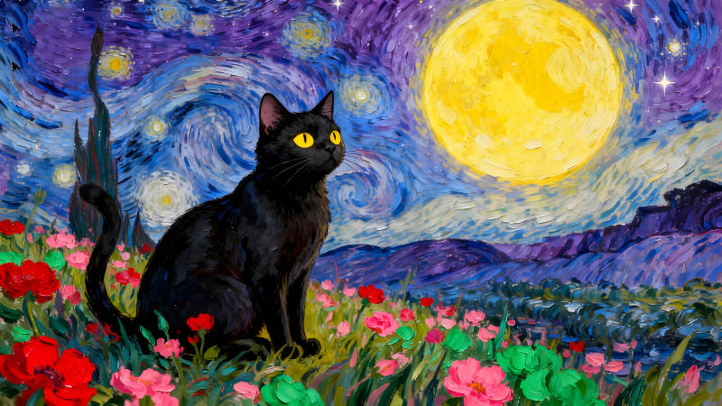 猫咪凝视夜空下的星空-图片