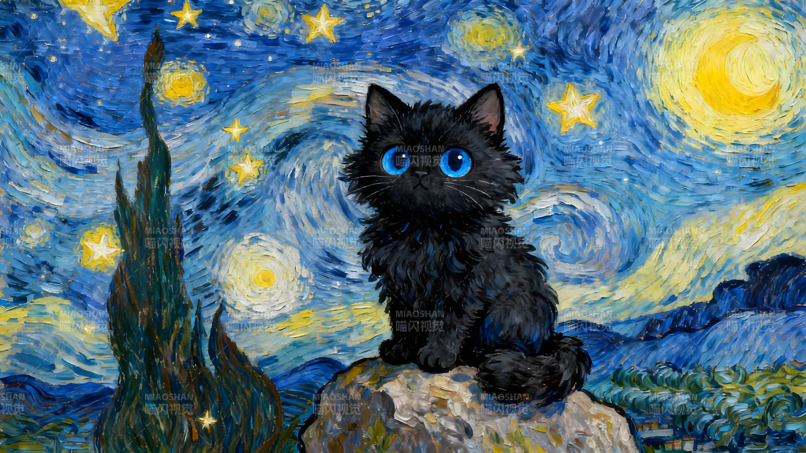 梵高星空猫咪可爱画作图片