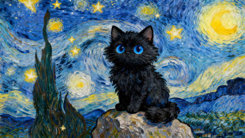 梵高星空猫咪可爱画作图片