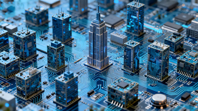 電路板上建筑模型構成的未來城市景象-圖片