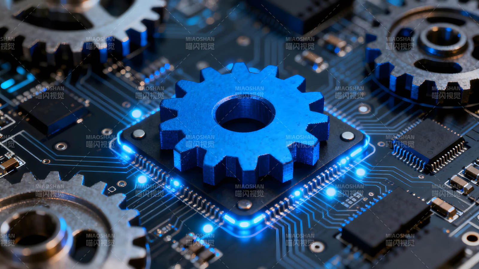 电路板上蓝色的齿轮和芯片-图片