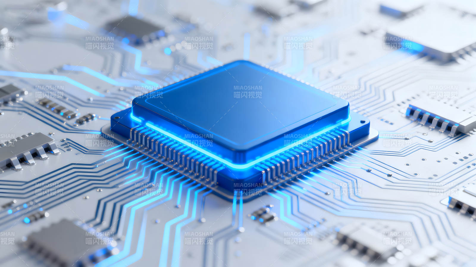 藍色芯片與電路板特寫圖片